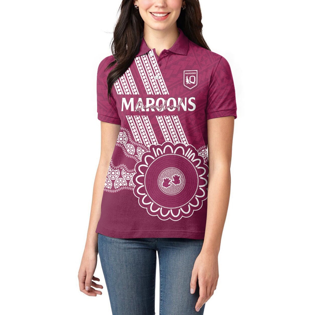 Custom QLD Maroons Rugby Women Polo Shirt Aussie Aboriginal Mix Polynesian Pattern