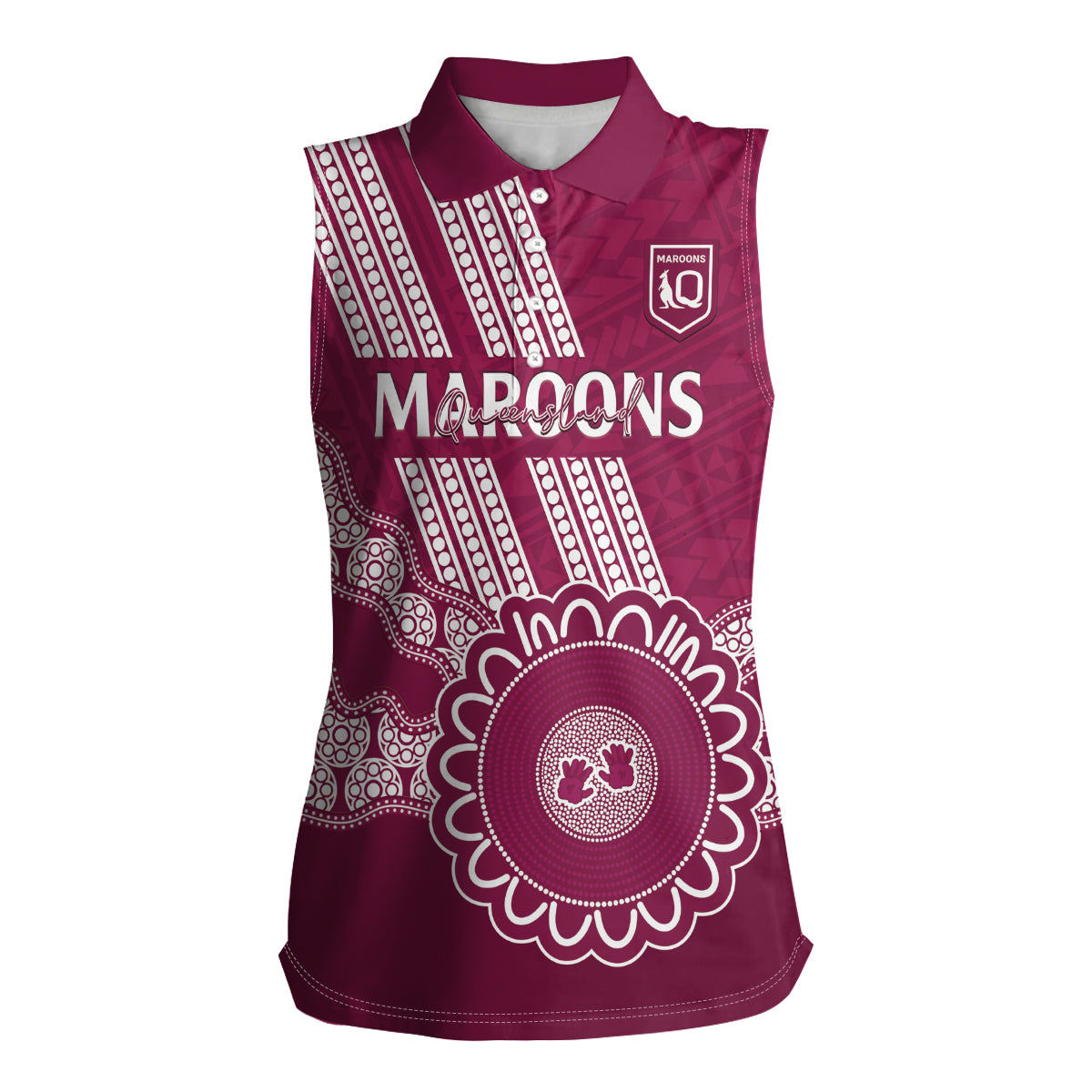 Custom QLD Maroons Rugby Women Sleeveless Polo Shirt Aussie Aboriginal Mix Polynesian Pattern