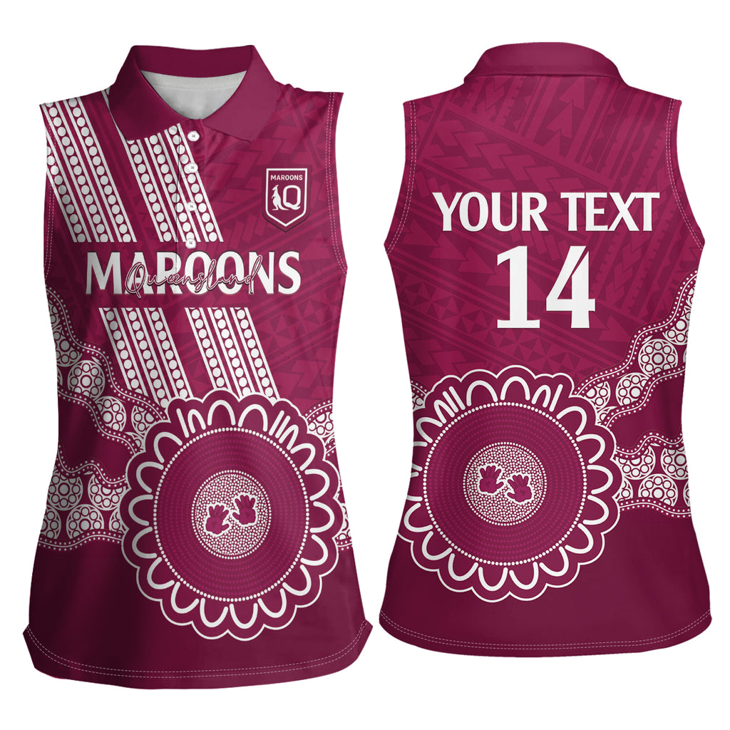 Custom QLD Maroons Rugby Women Sleeveless Polo Shirt Aussie Aboriginal Mix Polynesian Pattern