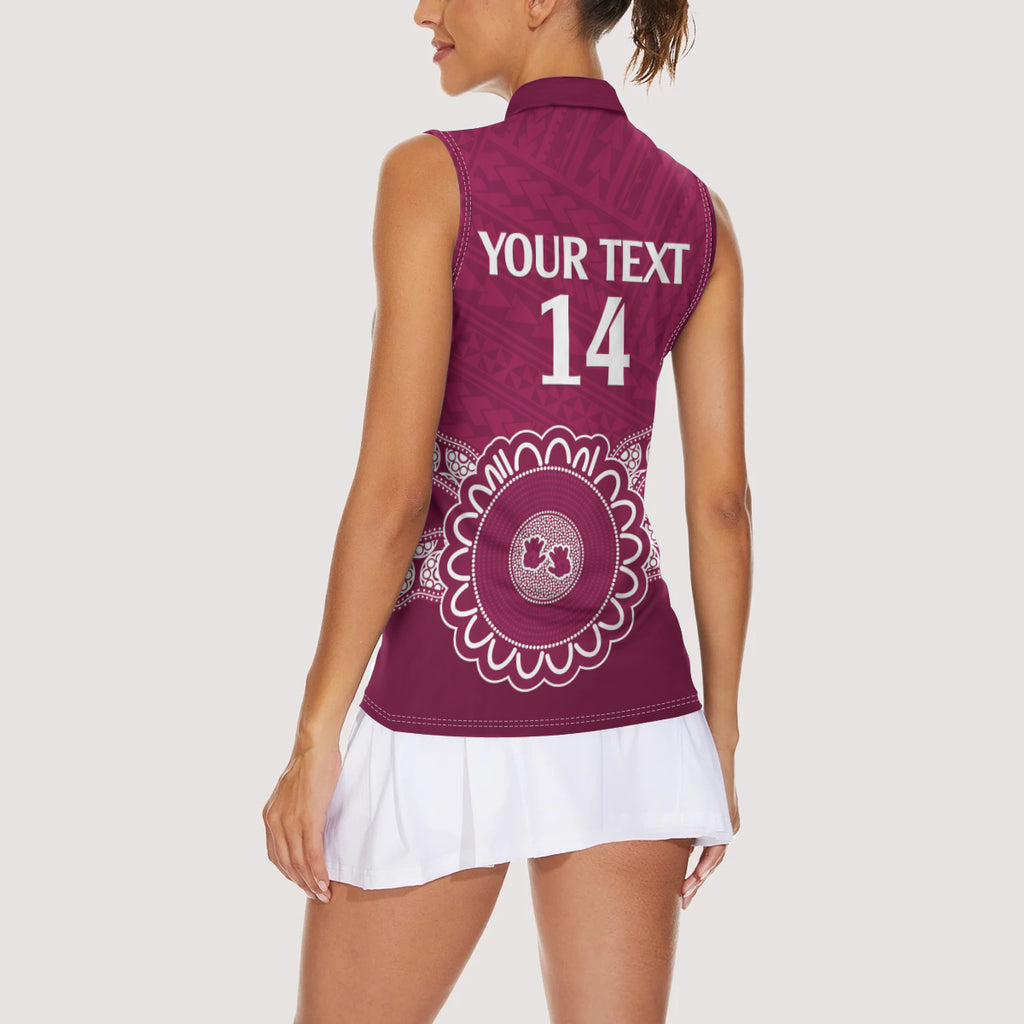 Custom QLD Maroons Rugby Women Sleeveless Polo Shirt Aussie Aboriginal Mix Polynesian Pattern