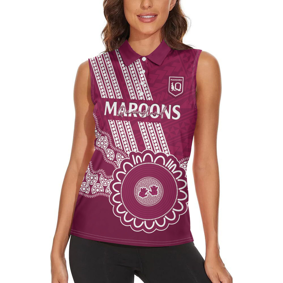 Custom QLD Maroons Rugby Women Sleeveless Polo Shirt Aussie Aboriginal Mix Polynesian Pattern