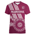 Custom QLD Maroons Rugby Women V-Neck T-Shirt Aussie Aboriginal Mix Polynesian Pattern