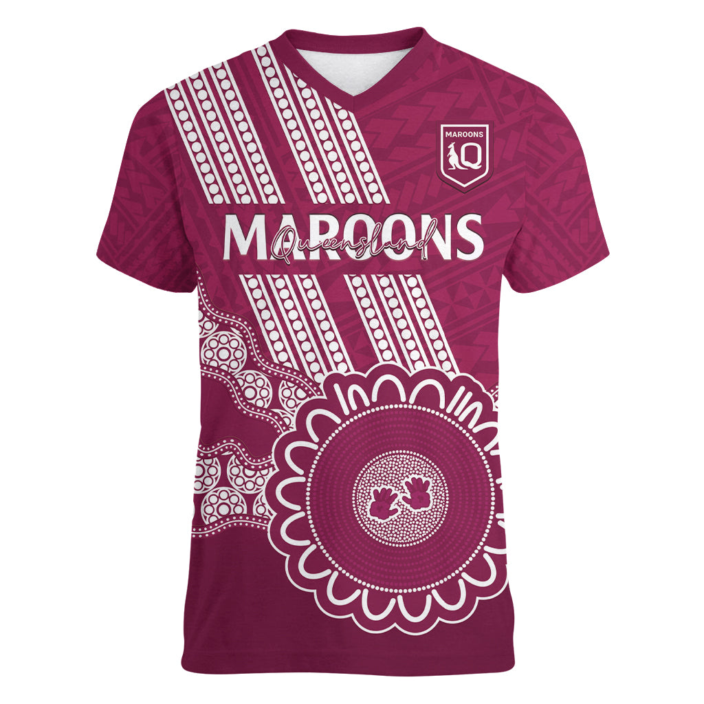 Custom QLD Maroons Rugby Women V-Neck T-Shirt Aussie Aboriginal Mix Polynesian Pattern