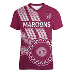 Custom QLD Maroons Rugby Women V-Neck T-Shirt Aussie Aboriginal Mix Polynesian Pattern