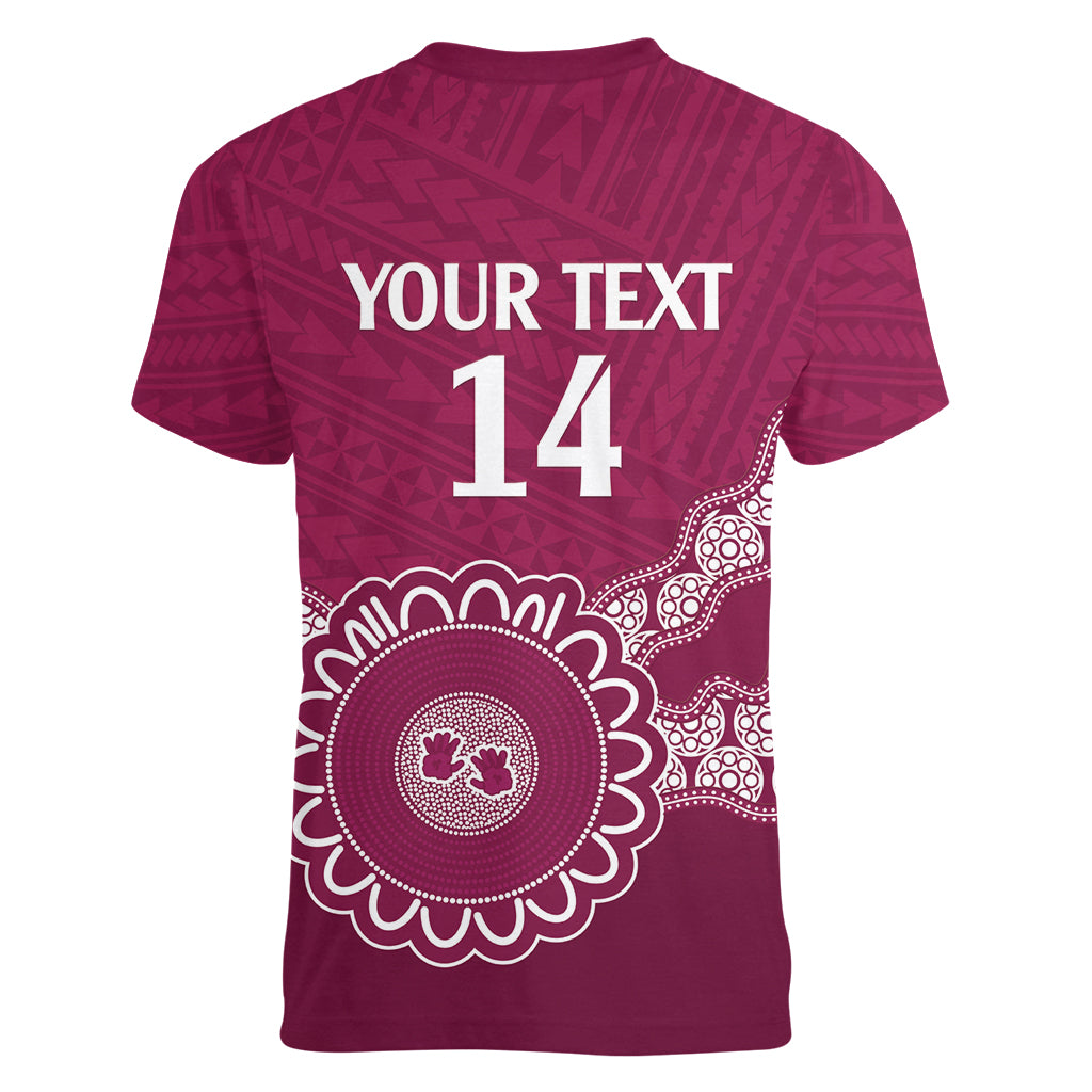 Custom QLD Maroons Rugby Women V-Neck T-Shirt Aussie Aboriginal Mix Polynesian Pattern