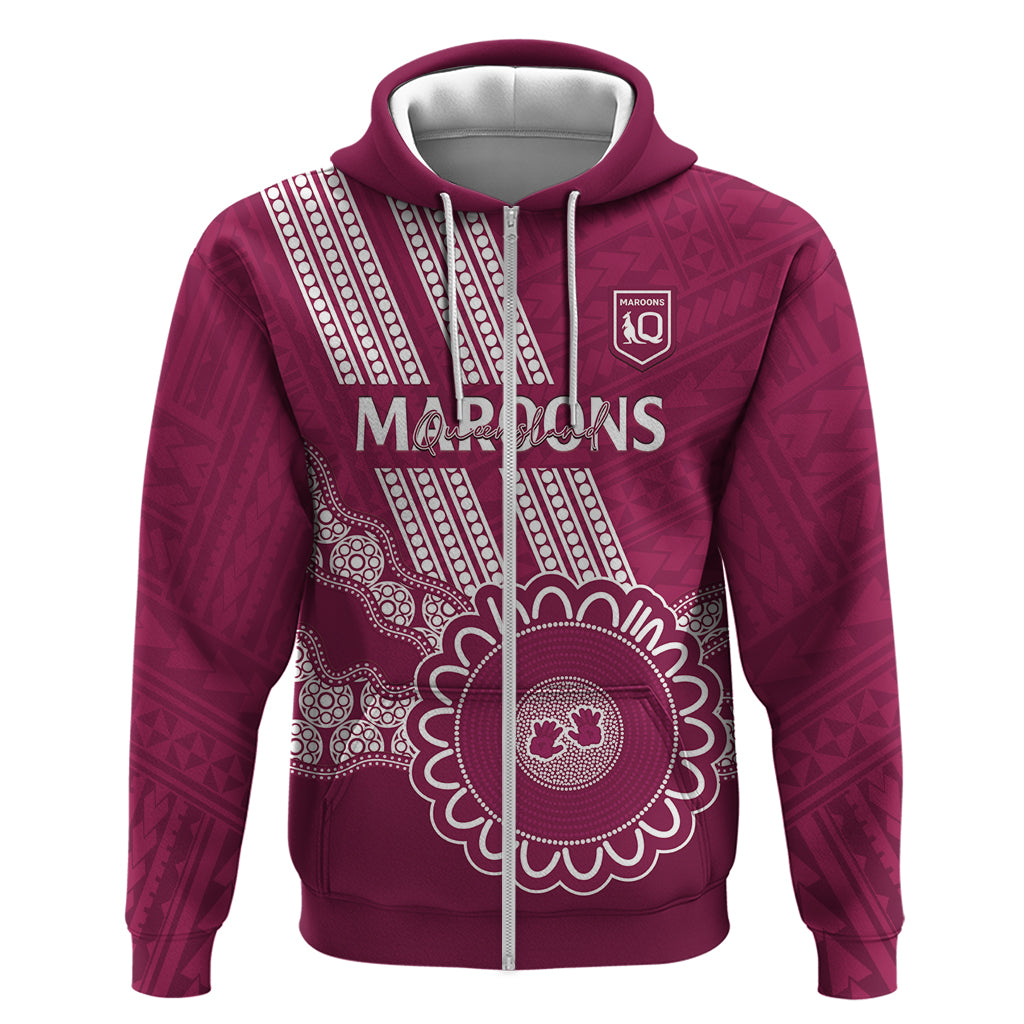 Custom QLD Maroons Rugby Zip Hoodie Aussie Aboriginal Mix Polynesian Pattern