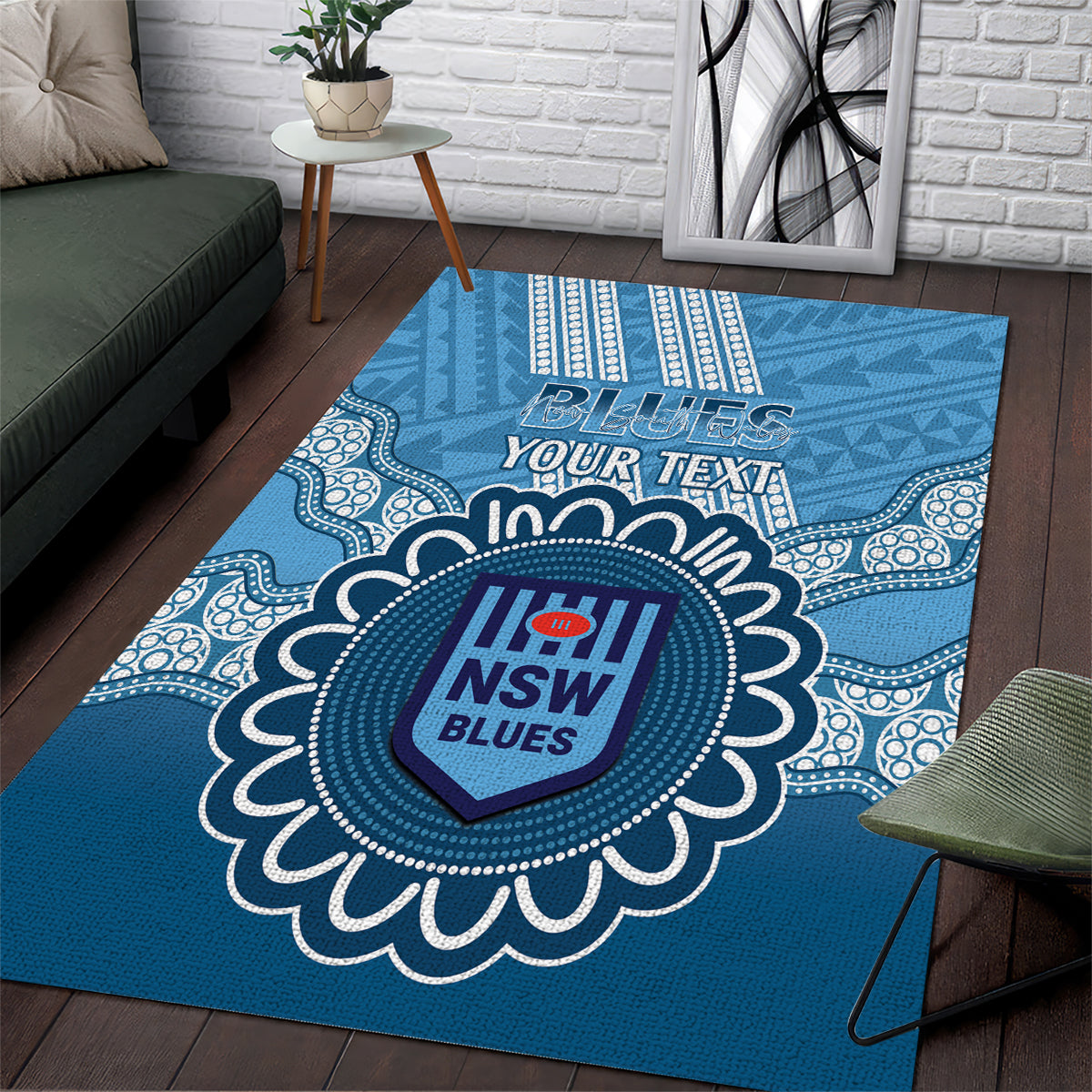 Custom NSW Blues Rugby Area Rug Aussie Aboriginal Mix Polynesian Pattern