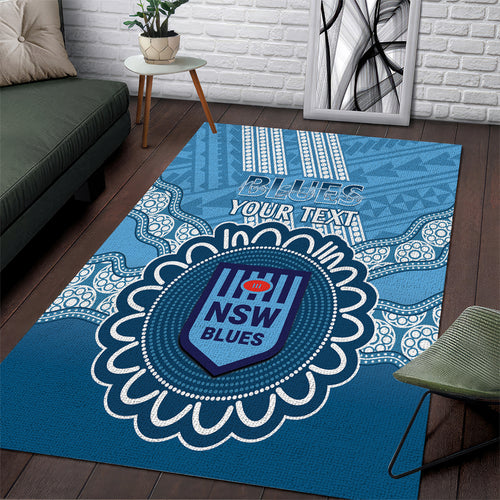 Custom NSW Blues Rugby Area Rug Aussie Aboriginal Mix Polynesian Pattern