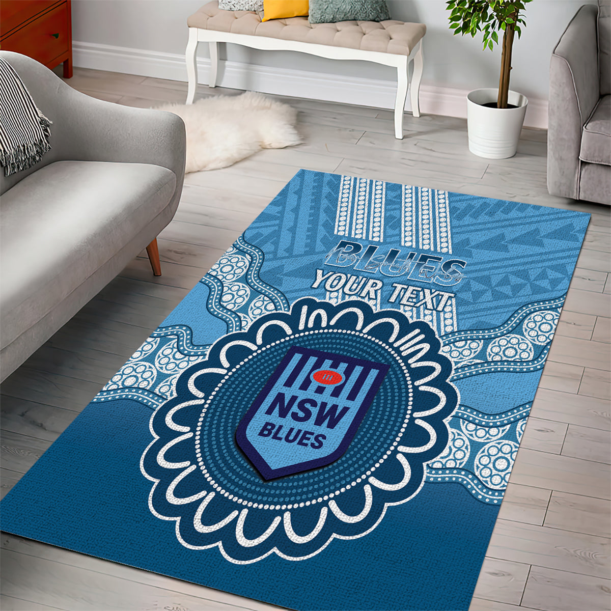 Custom NSW Blues Rugby Area Rug Aussie Aboriginal Mix Polynesian Pattern