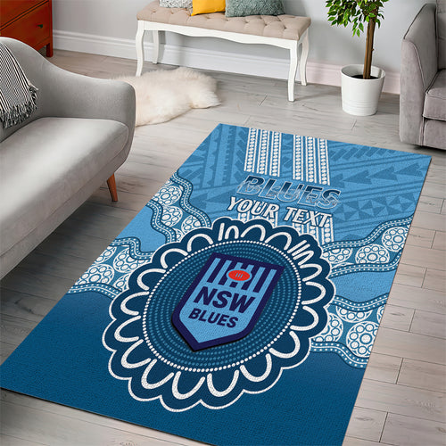 Custom NSW Blues Rugby Area Rug Aussie Aboriginal Mix Polynesian Pattern