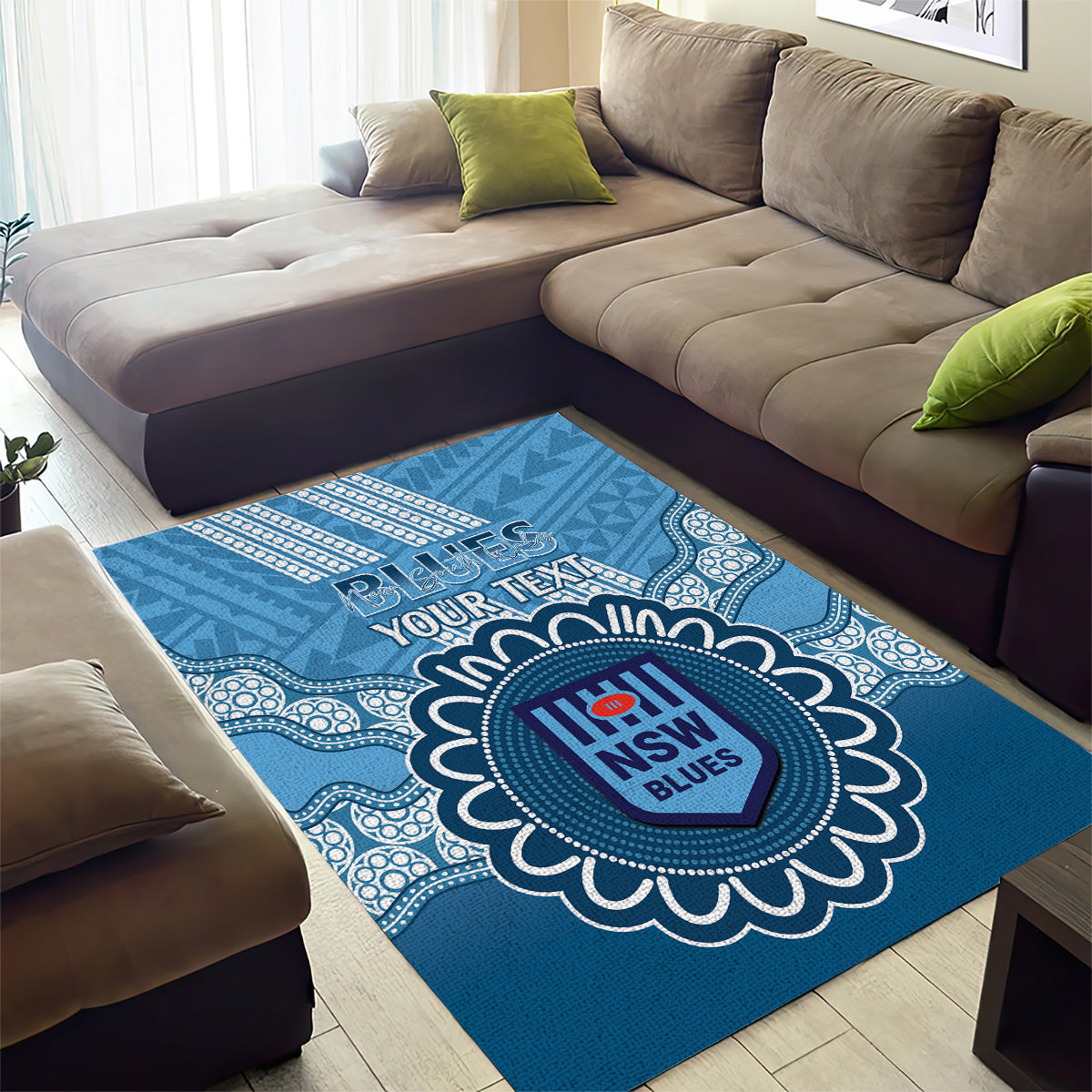 Custom NSW Blues Rugby Area Rug Aussie Aboriginal Mix Polynesian Pattern