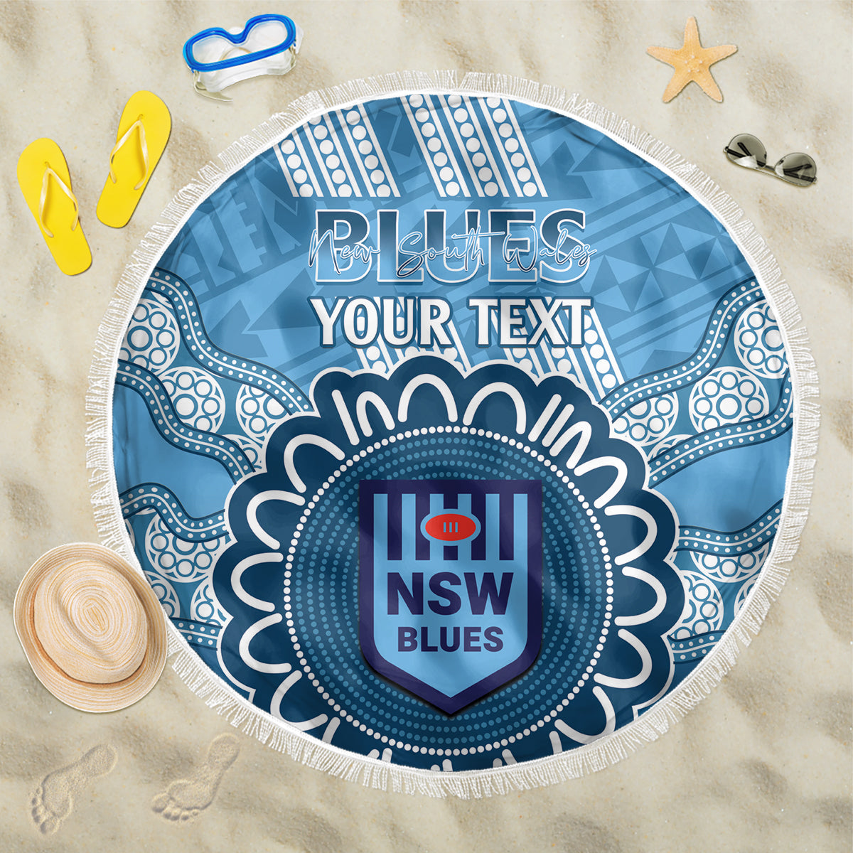 Custom NSW Blues Rugby Beach Blanket Aussie Aboriginal Mix Polynesian Pattern