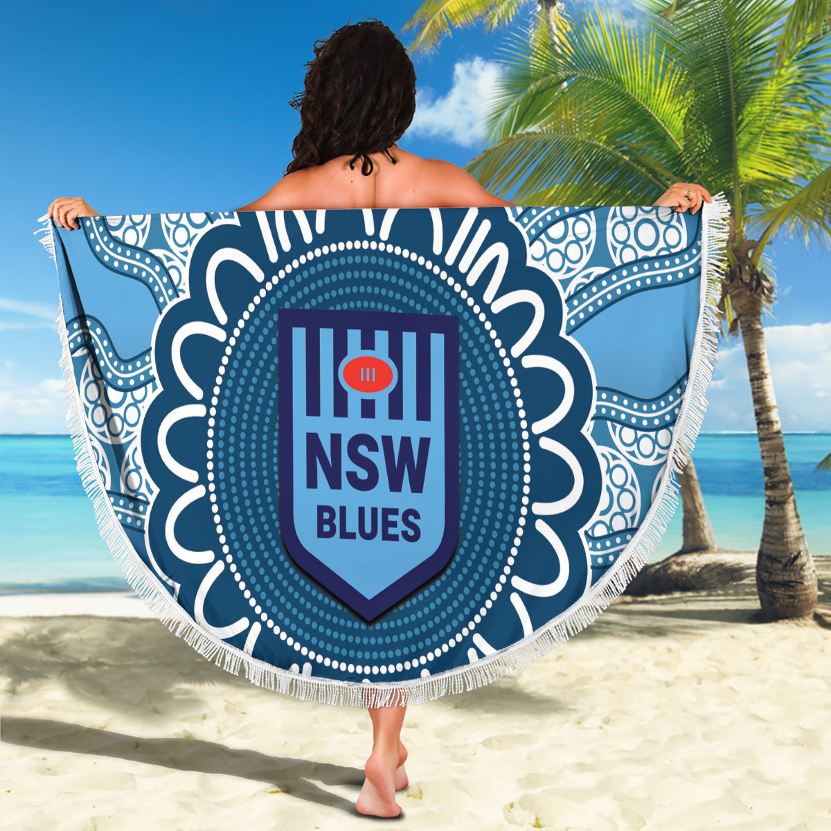 Custom NSW Blues Rugby Beach Blanket Aussie Aboriginal Mix Polynesian Pattern
