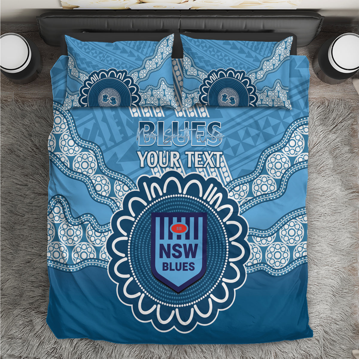 Custom NSW Blues Rugby Bedding Set Aussie Aboriginal Mix Polynesian Pattern