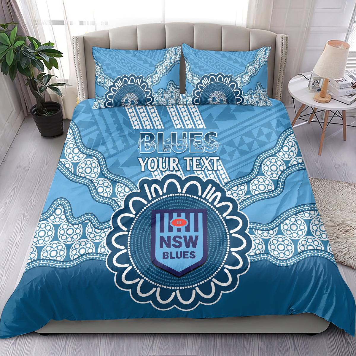 Custom NSW Blues Rugby Bedding Set Aussie Aboriginal Mix Polynesian Pattern