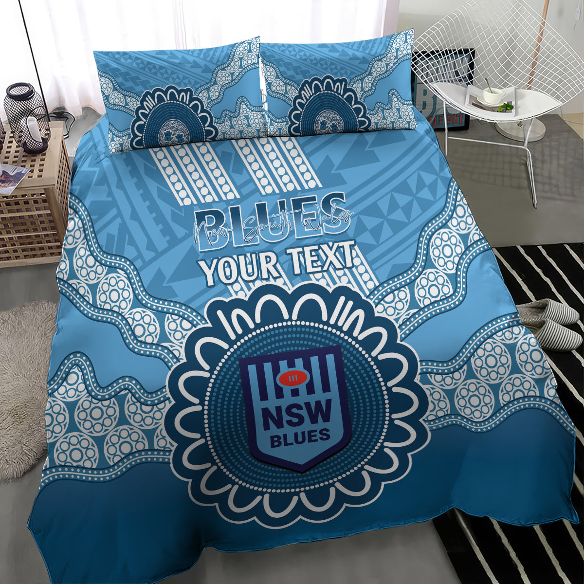 Custom NSW Blues Rugby Bedding Set Aussie Aboriginal Mix Polynesian Pattern