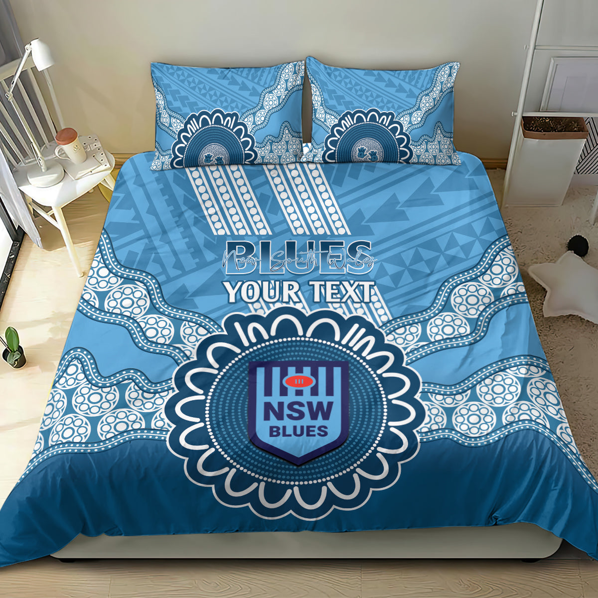 Custom NSW Blues Rugby Bedding Set Aussie Aboriginal Mix Polynesian Pattern
