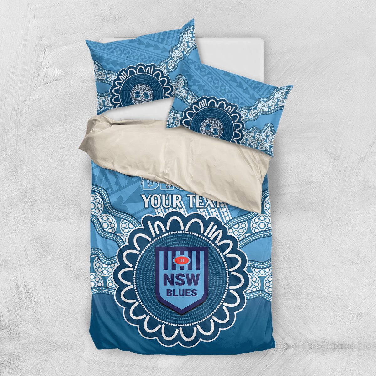Custom NSW Blues Rugby Bedding Set Aussie Aboriginal Mix Polynesian Pattern