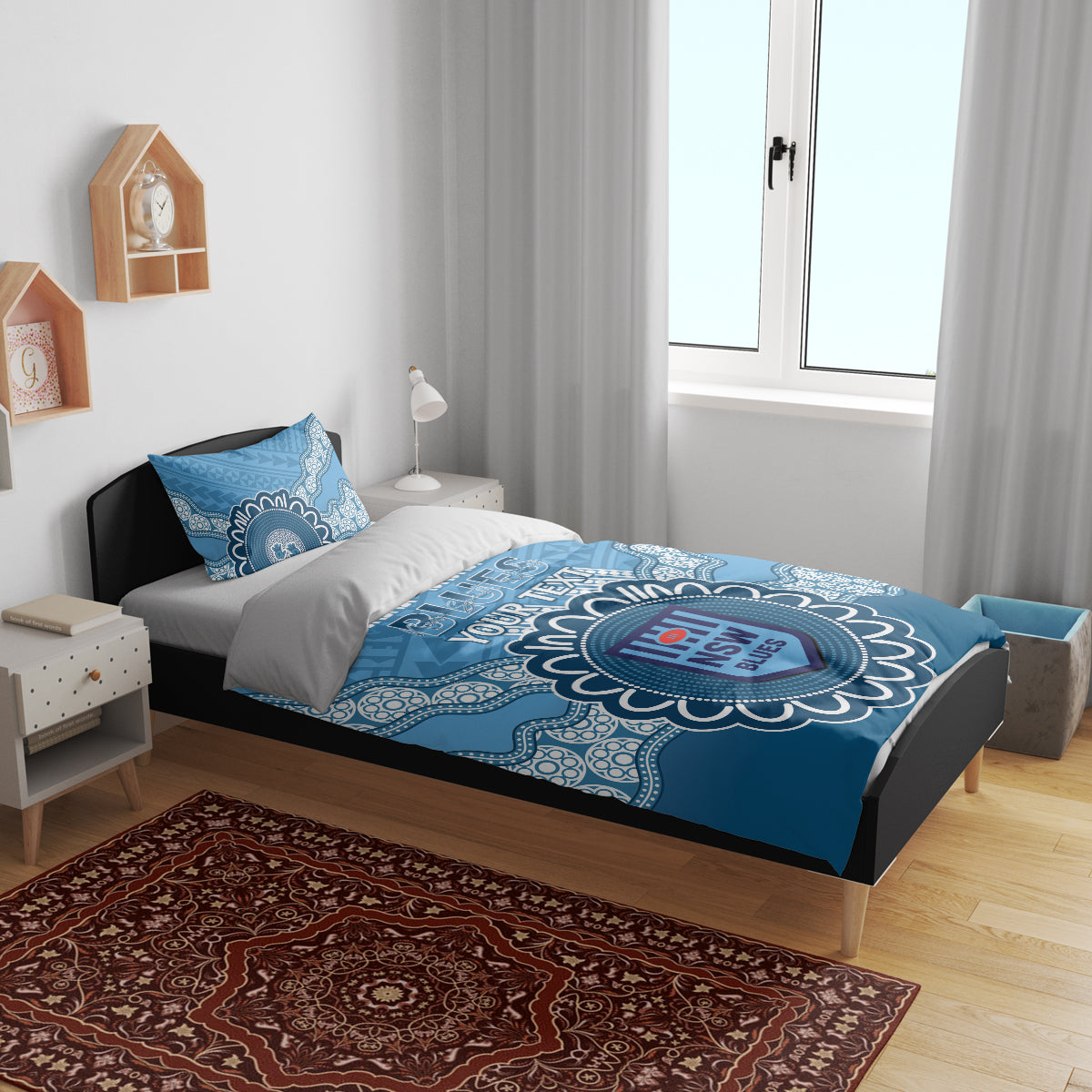 Custom NSW Blues Rugby Bedding Set Aussie Aboriginal Mix Polynesian Pattern