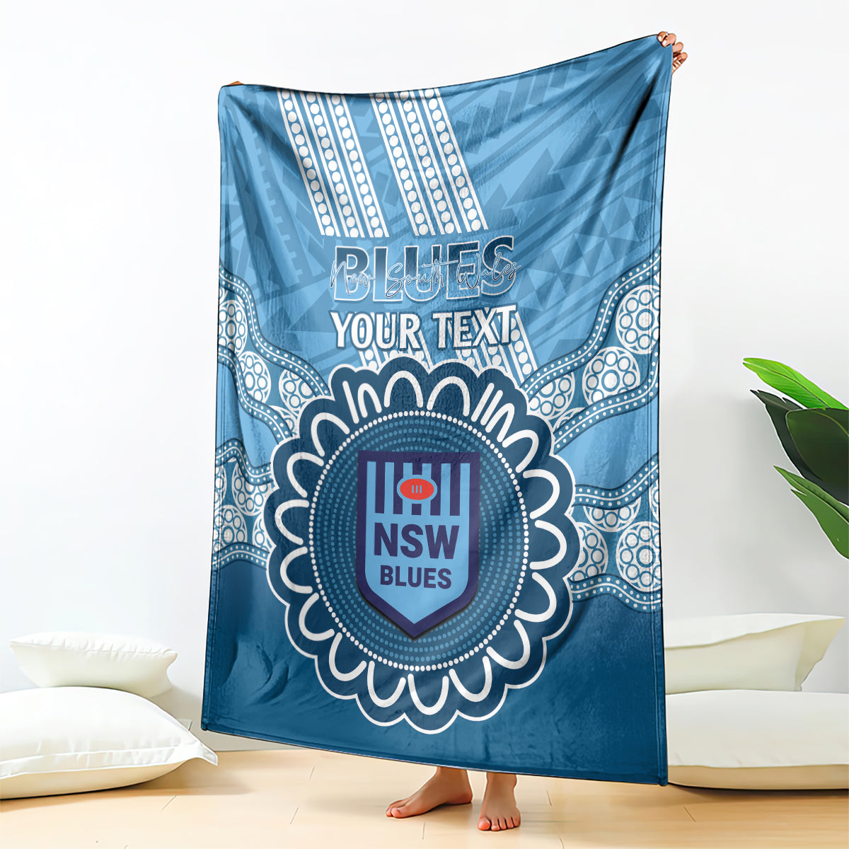 Custom NSW Blues Rugby Blanket Aussie Aboriginal Mix Polynesian Pattern