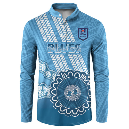 Custom NSW Blues Rugby Button Sweatshirt Aussie Aboriginal Mix Polynesian Pattern