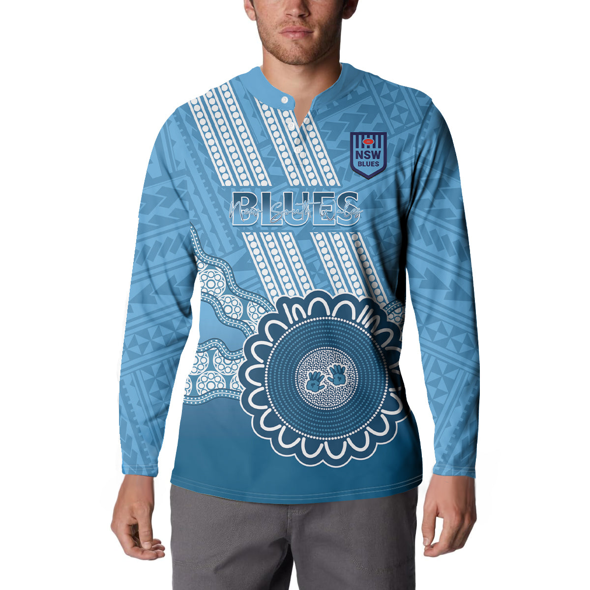 Custom NSW Blues Rugby Button Sweatshirt Aussie Aboriginal Mix Polynesian Pattern