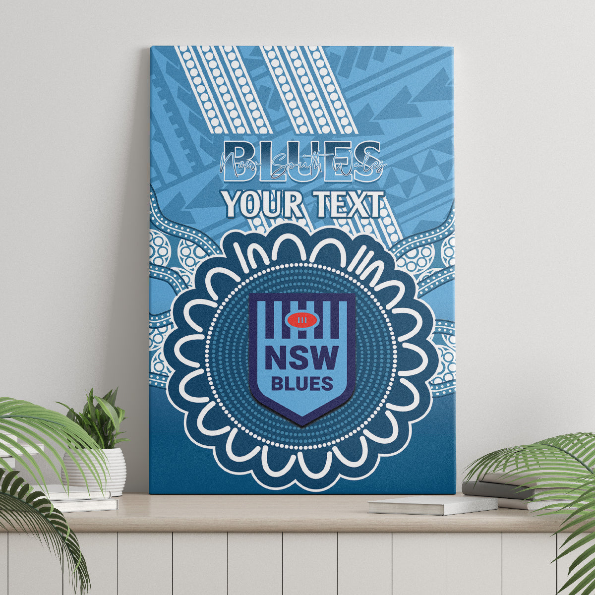 Custom NSW Blues Rugby Canvas Wall Art Aussie Aboriginal Mix Polynesian Pattern