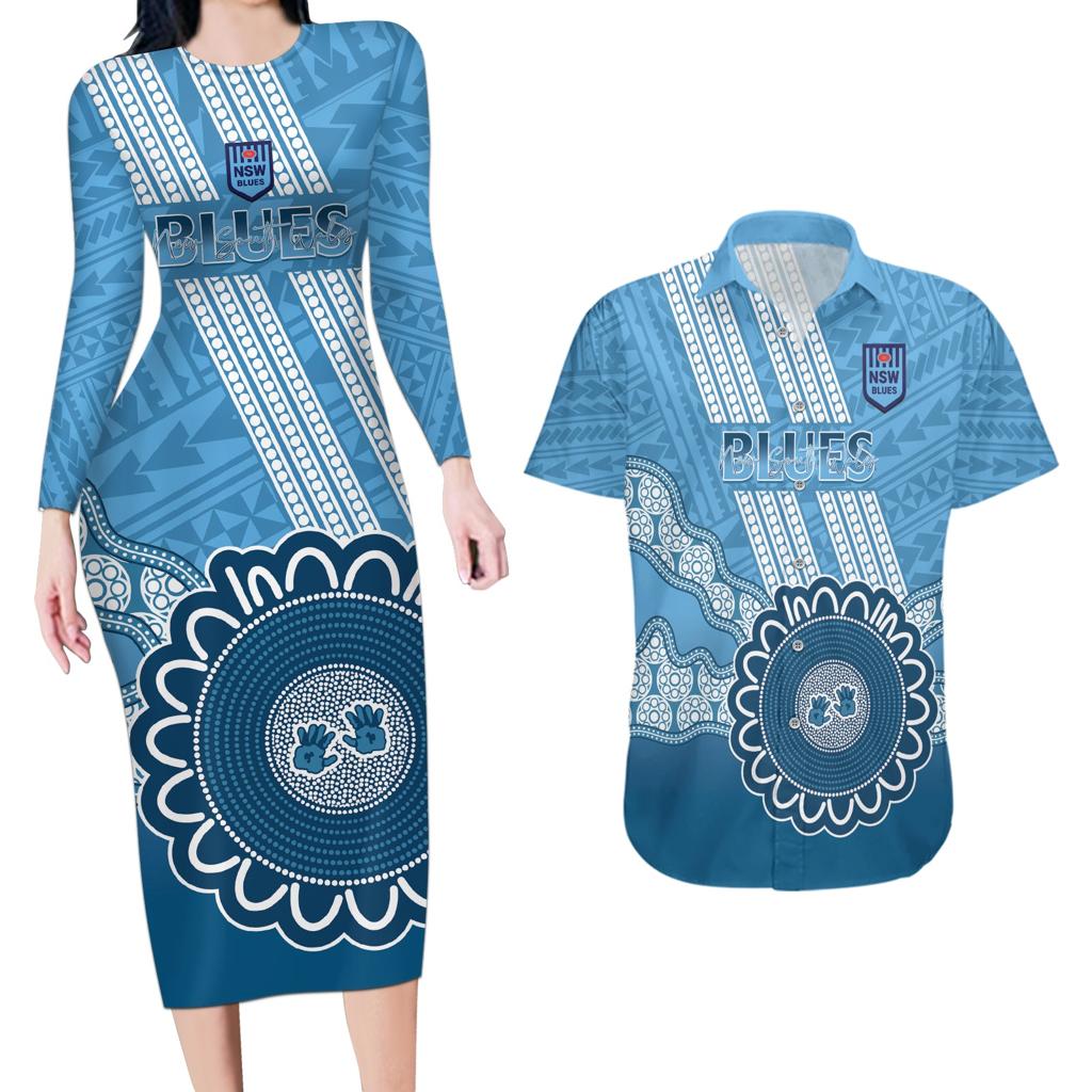 Custom NSW Blues Rugby Couples Matching Long Sleeve Bodycon Dress and Hawaiian Shirt Aussie Aboriginal Mix Polynesian Pattern