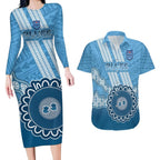 Custom NSW Blues Rugby Couples Matching Long Sleeve Bodycon Dress and Hawaiian Shirt Aussie Aboriginal Mix Polynesian Pattern