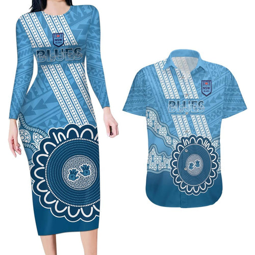 Custom NSW Blues Rugby Couples Matching Long Sleeve Bodycon Dress and Hawaiian Shirt Aussie Aboriginal Mix Polynesian Pattern