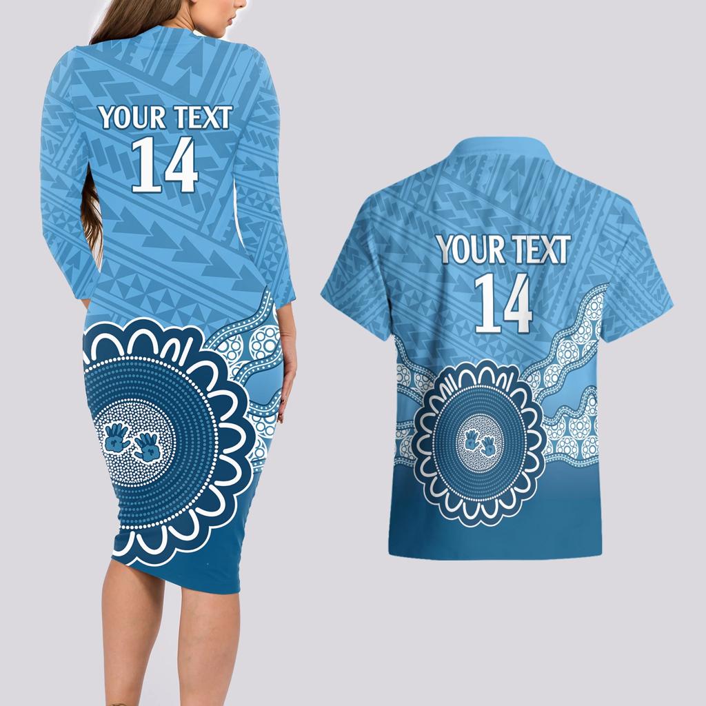 Custom NSW Blues Rugby Couples Matching Long Sleeve Bodycon Dress and Hawaiian Shirt Aussie Aboriginal Mix Polynesian Pattern