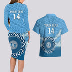Custom NSW Blues Rugby Couples Matching Long Sleeve Bodycon Dress and Hawaiian Shirt Aussie Aboriginal Mix Polynesian Pattern