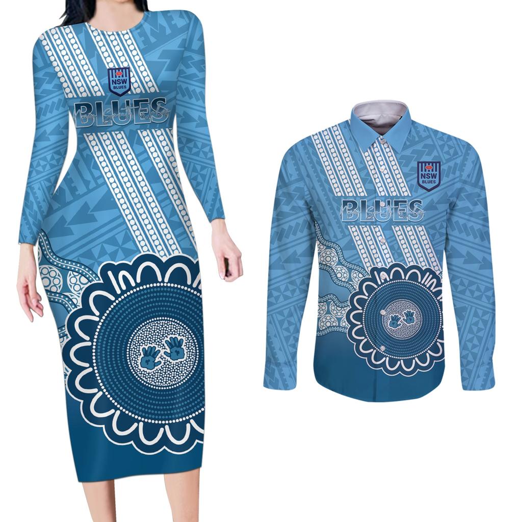 Custom NSW Blues Rugby Couples Matching Long Sleeve Bodycon Dress and Long Sleeve Button Shirt Aussie Aboriginal Mix Polynesian Pattern