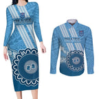 Custom NSW Blues Rugby Couples Matching Long Sleeve Bodycon Dress and Long Sleeve Button Shirt Aussie Aboriginal Mix Polynesian Pattern