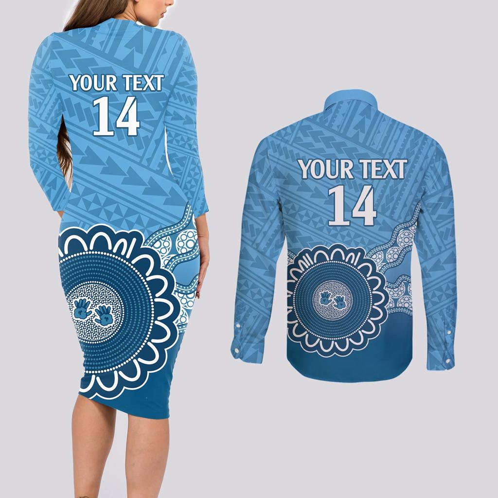 Custom NSW Blues Rugby Couples Matching Long Sleeve Bodycon Dress and Long Sleeve Button Shirt Aussie Aboriginal Mix Polynesian Pattern