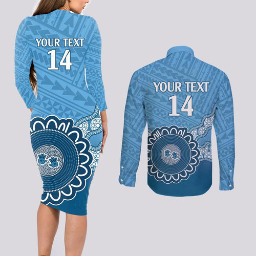 Custom NSW Blues Rugby Couples Matching Long Sleeve Bodycon Dress and Long Sleeve Button Shirt Aussie Aboriginal Mix Polynesian Pattern