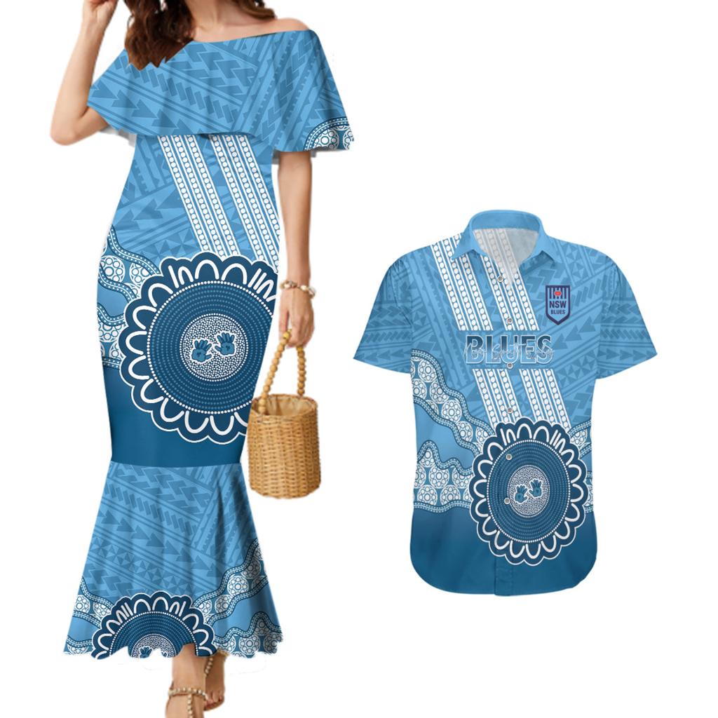 Custom NSW Blues Rugby Couples Matching Mermaid Dress and Hawaiian Shirt Aussie Aboriginal Mix Polynesian Pattern