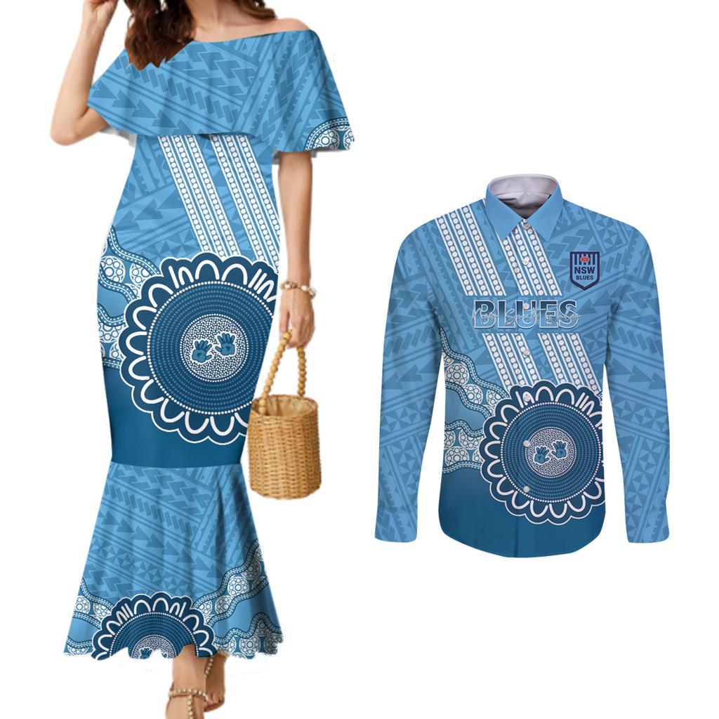 Custom NSW Blues Rugby Couples Matching Mermaid Dress and Long Sleeve Button Shirt Aussie Aboriginal Mix Polynesian Pattern
