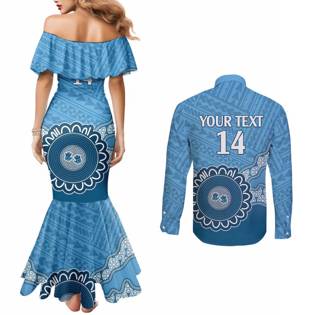 Custom NSW Blues Rugby Couples Matching Mermaid Dress and Long Sleeve Button Shirt Aussie Aboriginal Mix Polynesian Pattern
