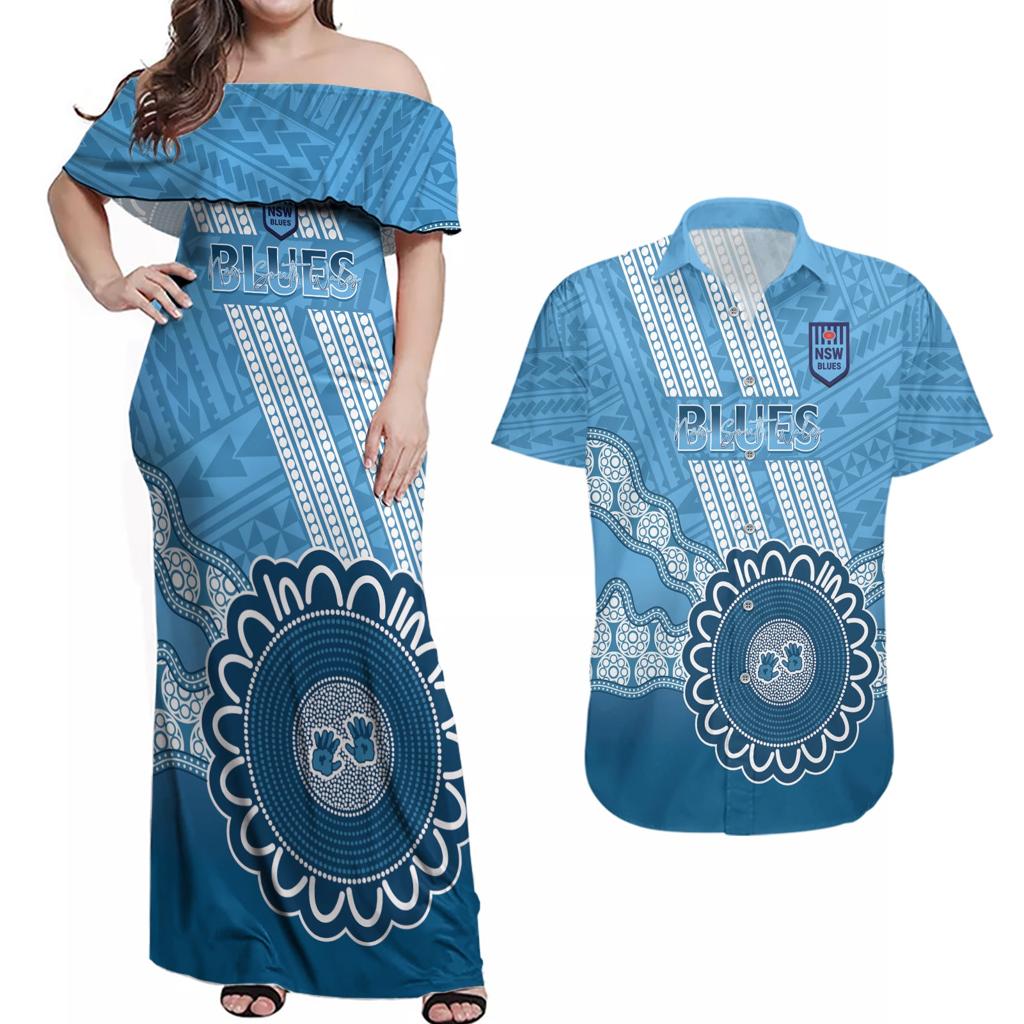 Custom NSW Blues Rugby Couples Matching Off Shoulder Maxi Dress and Hawaiian Shirt Aussie Aboriginal Mix Polynesian Pattern