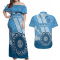 Custom NSW Blues Rugby Couples Matching Off Shoulder Maxi Dress and Hawaiian Shirt Aussie Aboriginal Mix Polynesian Pattern