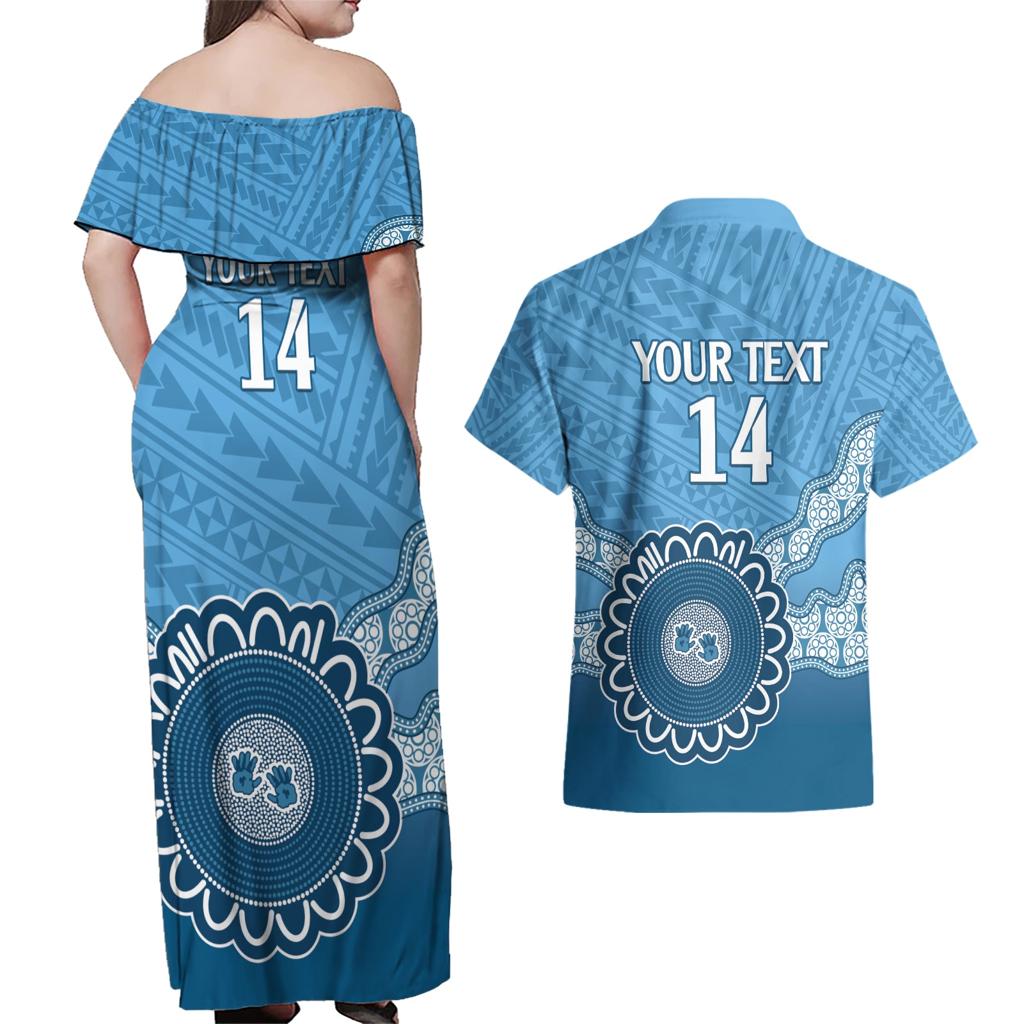 Custom NSW Blues Rugby Couples Matching Off Shoulder Maxi Dress and Hawaiian Shirt Aussie Aboriginal Mix Polynesian Pattern