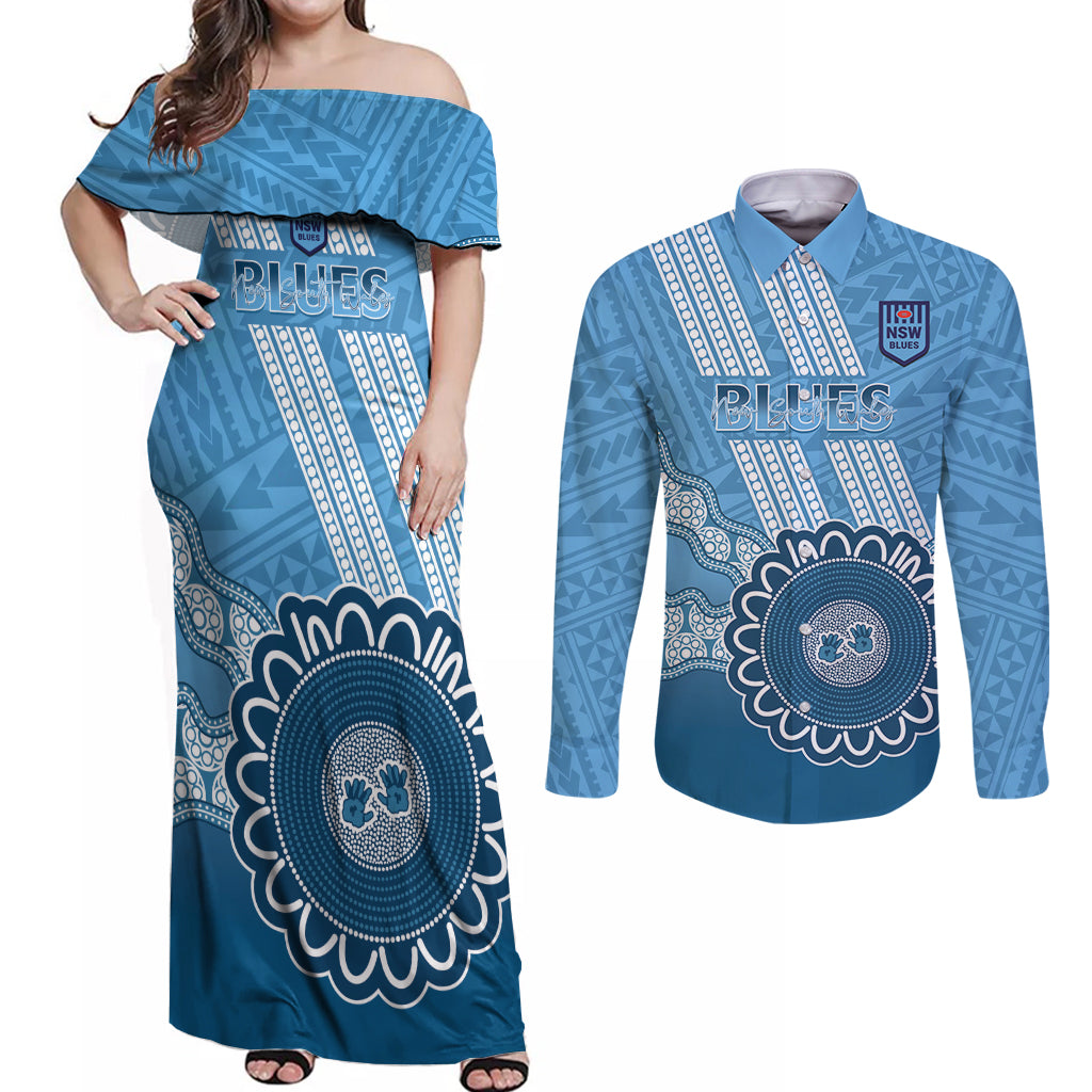 Custom NSW Blues Rugby Couples Matching Off Shoulder Maxi Dress and Long Sleeve Button Shirt Aussie Aboriginal Mix Polynesian Pattern