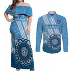 Custom NSW Blues Rugby Couples Matching Off Shoulder Maxi Dress and Long Sleeve Button Shirt Aussie Aboriginal Mix Polynesian Pattern