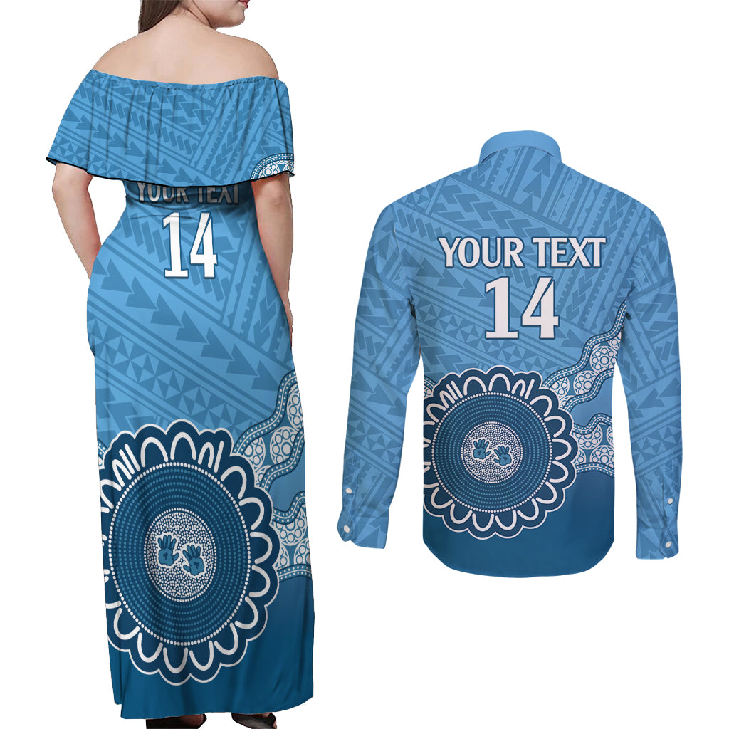 Custom NSW Blues Rugby Couples Matching Off Shoulder Maxi Dress and Long Sleeve Button Shirt Aussie Aboriginal Mix Polynesian Pattern