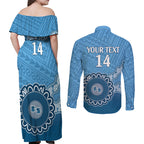 Custom NSW Blues Rugby Couples Matching Off Shoulder Maxi Dress and Long Sleeve Button Shirt Aussie Aboriginal Mix Polynesian Pattern