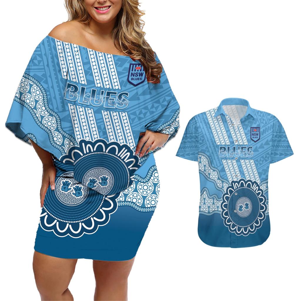 Custom NSW Blues Rugby Couples Matching Off Shoulder Short Dress and Hawaiian Shirt Aussie Aboriginal Mix Polynesian Pattern
