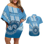 Custom NSW Blues Rugby Couples Matching Off Shoulder Short Dress and Hawaiian Shirt Aussie Aboriginal Mix Polynesian Pattern