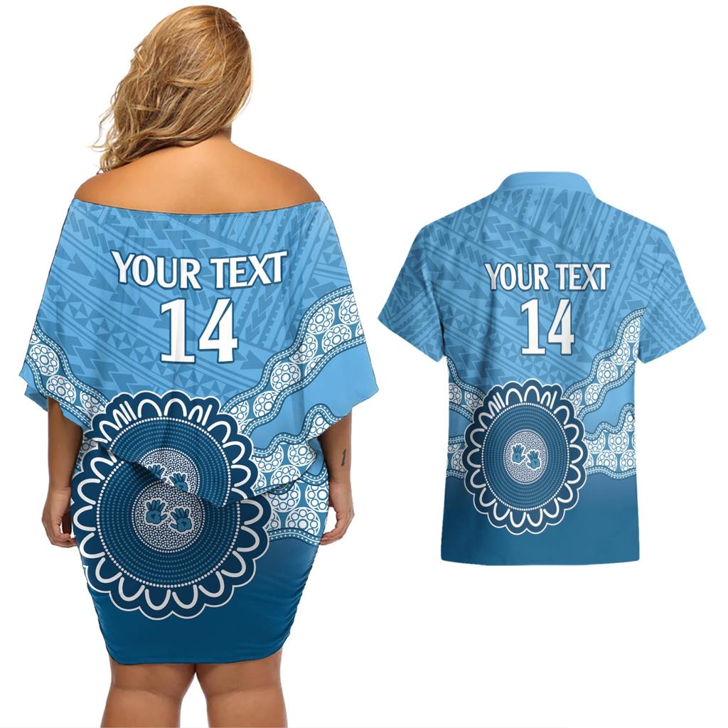 Custom NSW Blues Rugby Couples Matching Off Shoulder Short Dress and Hawaiian Shirt Aussie Aboriginal Mix Polynesian Pattern