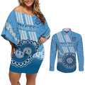 Custom NSW Blues Rugby Couples Matching Off Shoulder Short Dress and Long Sleeve Button Shirt Aussie Aboriginal Mix Polynesian Pattern